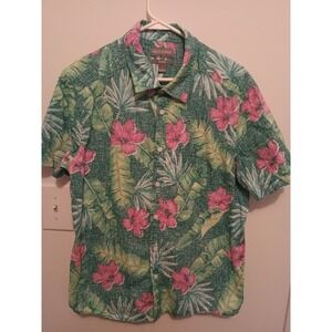 Falls Creek Mens No Tuck Tropical Floral Button Down Shirt Green Pink Large L